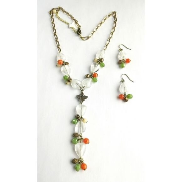 Arcon Jewelry - Vintage Czech artisan beaded white milk glass butterfly necklace earring set